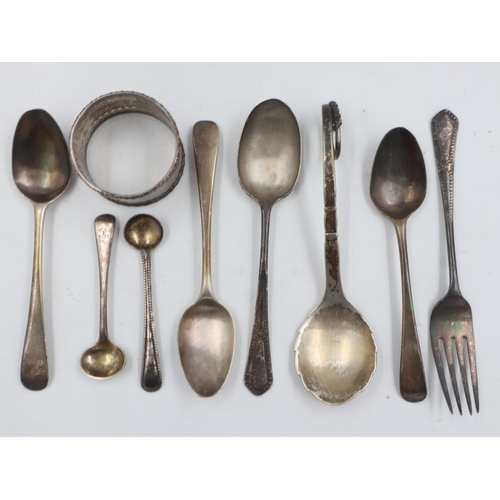 145 - Collection of sterling silver items, including a napkin ring and cutlery, combined weight 129g, also... 