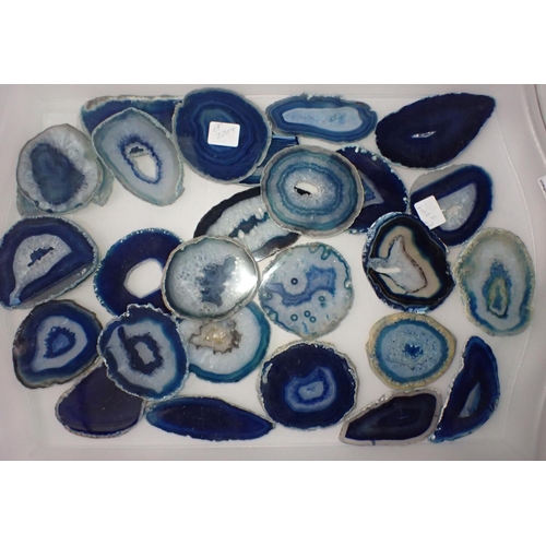 166 - Collection of polished blue agate slices, some examples having crystalline structure to the centre (... 