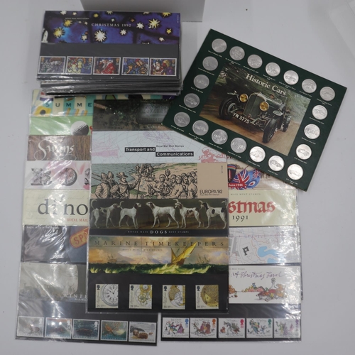 154 - Collection of 60+ Royal Mail mint stamp sets, together with a Shell historic cars coin set. UK P&P G... 