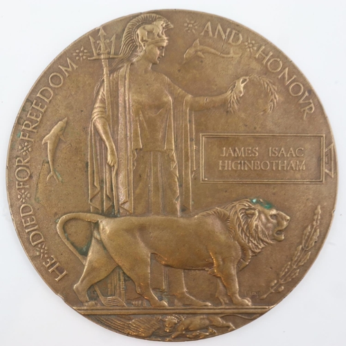 2213 - British WWI bronze death plaque, named to James Isaac Higinbotham, 29595 of the Loyal North Lancashi... 