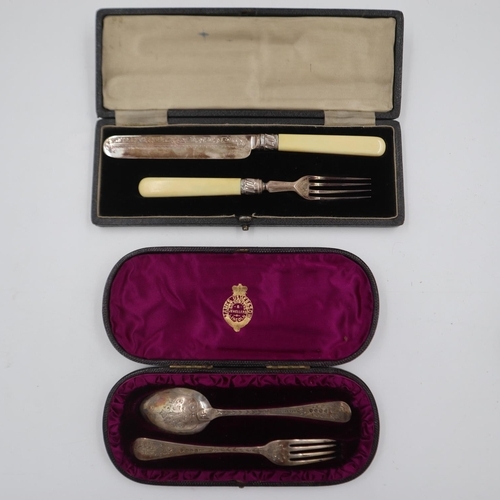 147 - Cased sterling silver fork and spoon together with three cased cutlery sets with silver collars, wei... 