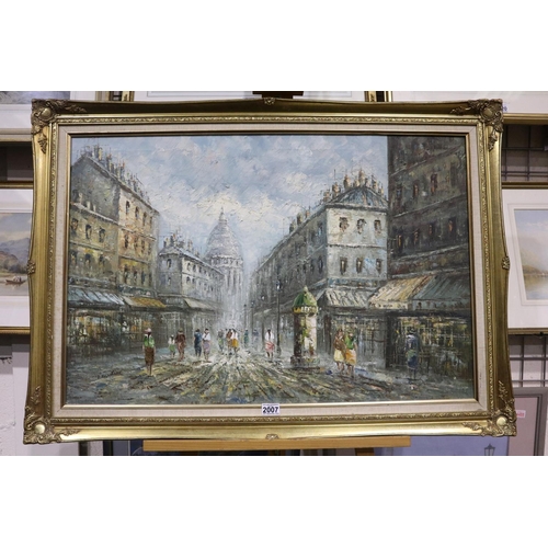 2007 - P Robertson (20th century): Oil on canvas Parisian street scene in the manner of Caroline Burnett, i... 