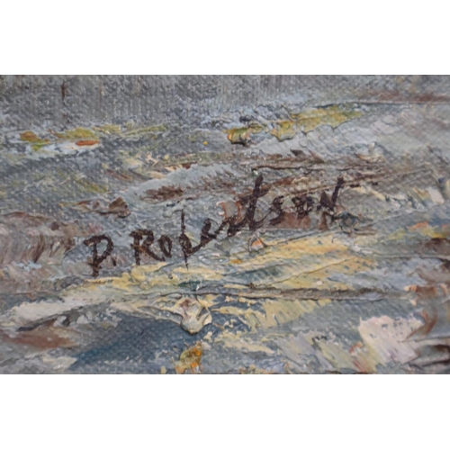 2007 - P Robertson (20th century): Oil on canvas Parisian street scene in the manner of Caroline Burnett, i... 