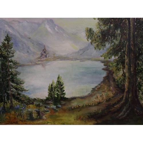 2008 - Late 19th Century oil on board continental lake scene, unsigned, image 59 x 49 cm, overall 74 x 64 c... 