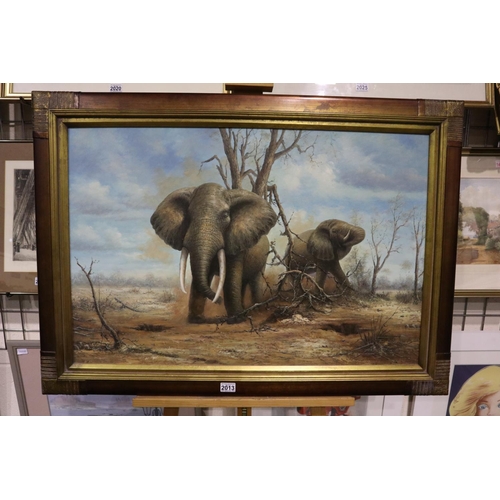 2013 - 20th century oil on board African elephants in the wild, unsinged, image 90 x 60, overall 107 x 76 c... 