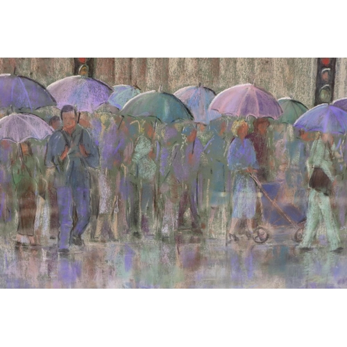 2018 - Shirley Johnston (20th century): pastels on card, figures in the rain, image 33 x 46cm, overall 63 x... 