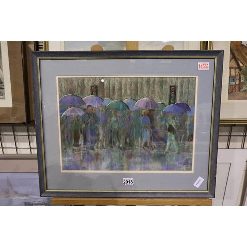 2018 - Shirley Johnston (20th century): pastels on card, figures in the rain, image 33 x 46cm, overall 63 x... 