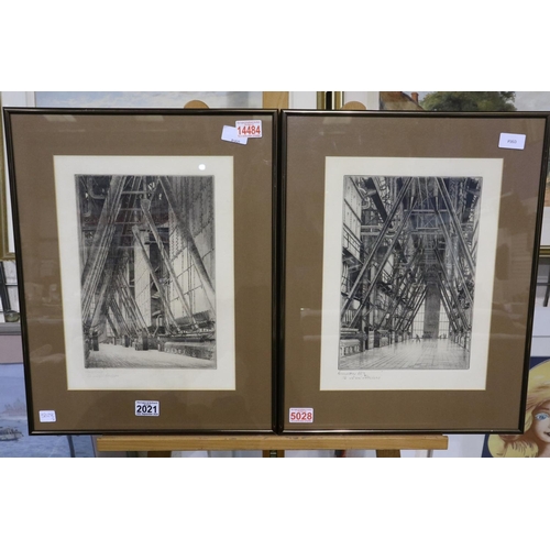 2021 - Two monochrome etchings, industrial scenes, each indistinctly signed, images 27 x 37, each overall 4... 