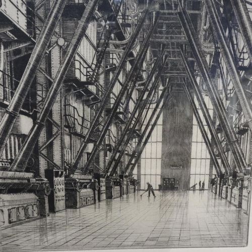 2021 - Two monochrome etchings, industrial scenes, each indistinctly signed, images 27 x 37, each overall 4... 