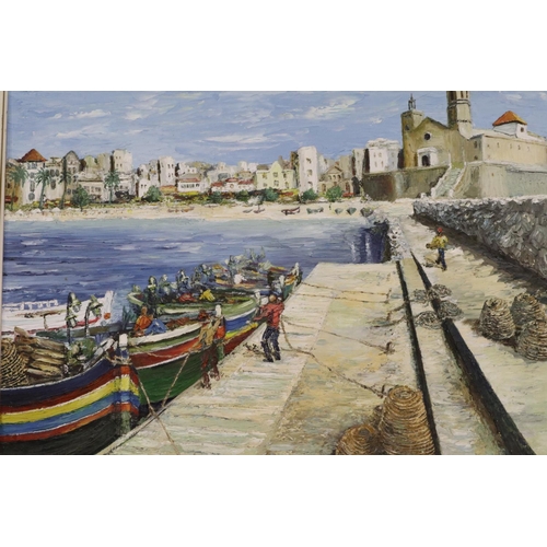 2033 - Christopher Phillips (20th century): impasto oil on board, a view of Sitges (Spain), image 75 x 55 c... 