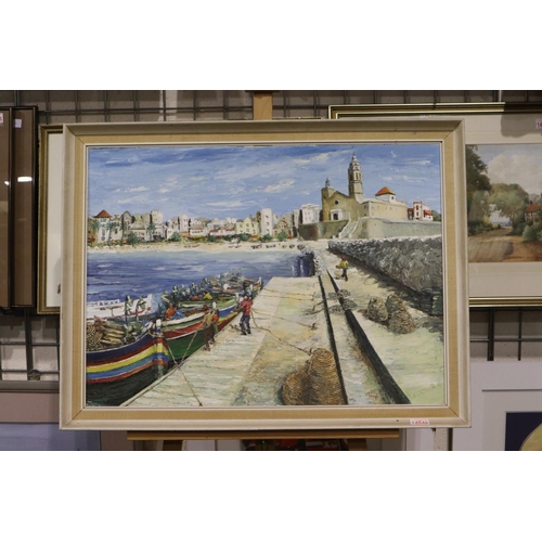 2033 - Christopher Phillips (20th century): impasto oil on board, a view of Sitges (Spain), image 75 x 55 c... 