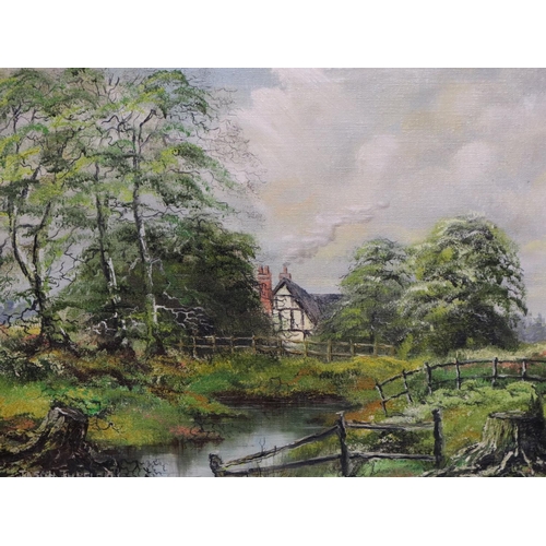 2034 - Jason Threlfall (20th century): oil on canvas, The Village Pond Loxley Cotswolds, image 34 x 29 cm, ... 