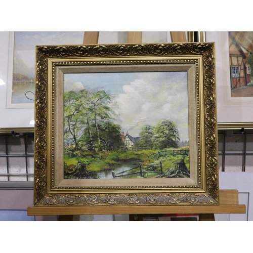 2034 - Jason Threlfall (20th century): oil on canvas, The Village Pond Loxley Cotswolds, image 34 x 29 cm, ... 