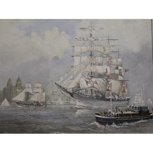 2035 - K Warner Radcliffe (20th century): oil on board, Tall Ships '84: Sagres and Royalist (on the Mersey)... 