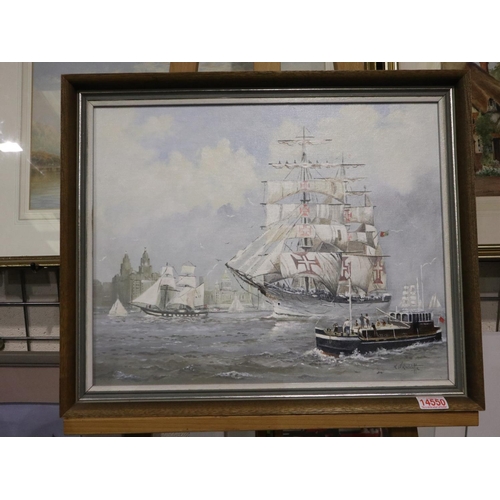 2035 - K Warner Radcliffe (20th century): oil on board, Tall Ships '84: Sagres and Royalist (on the Mersey)... 