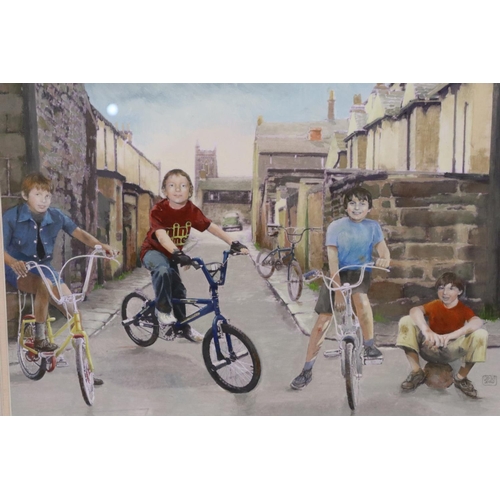 2056 - Chris Sims (b. 1938): mixed media, chopper riders, image 39 x 29cm, overall 65 x 55 cm. Not availabl... 