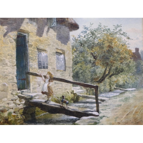 2070 - Ellen Louise Clacy (1853-1916): watercolour, girl with a dog waiting at the door, signed and dated 1... 