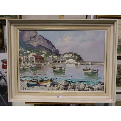 2074 - R Mariani (Algerian, 20th century): oil on canvas, a view of Capri (Italy), image 69 x 49 cm, overal... 