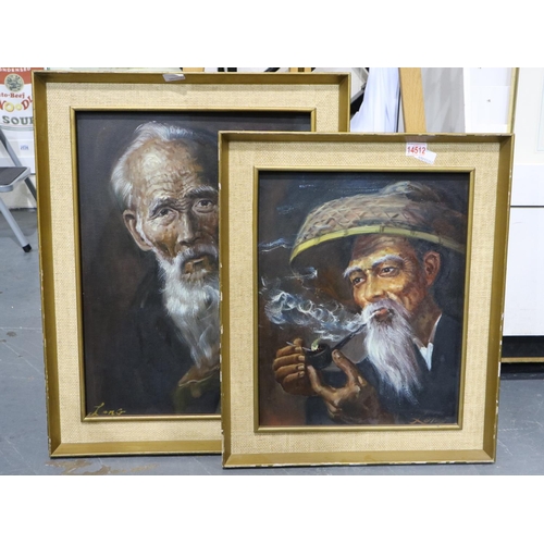 2076 - Lang (Chinese, 20th century): two oils on canvas, gentleman smoking a pipe and a similar example, la... 