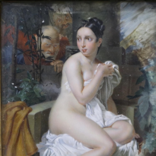 2081 - A 19th century oil on panel, bathing nude being spied upon by two onlookers, 11 x 15 cm, frame 27 x ... 