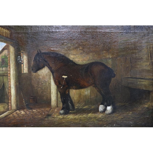 2084 - School of William Albert Clark (British, active 1899-1936), A shire horse in stable. Oil on canvas, ... 