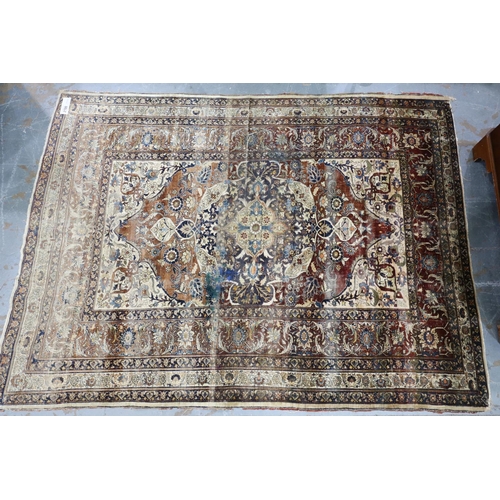 2100 - Distressed 19th century woven silk floor rug with complex floral designs, 180 x 135 cm, split toward... 