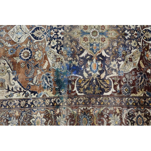 2100 - Distressed 19th century woven silk floor rug with complex floral designs, 180 x 135 cm, split toward... 