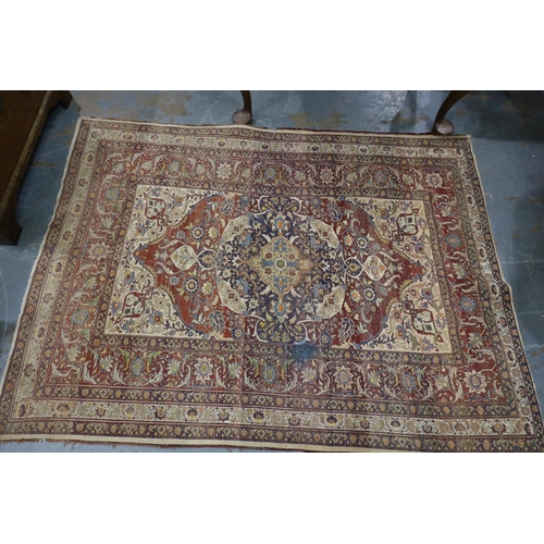 2100 - Distressed 19th century woven silk floor rug with complex floral designs, 180 x 135 cm, split toward... 