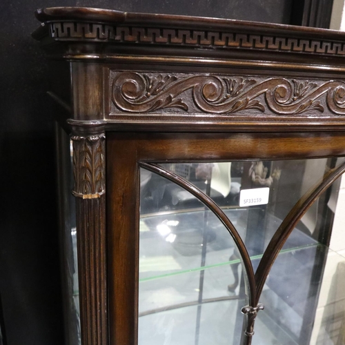 2102 - Substantial Edwardian mahogany glazed display cabinet with mirrored interior, two shelves and bowed ... 