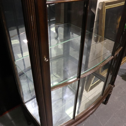 2102 - Substantial Edwardian mahogany glazed display cabinet with mirrored interior, two shelves and bowed ... 