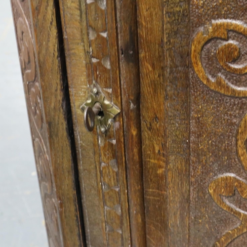 2103 - 19th century single door wall hanging corner cupboard, extensively carved, with damages, W: 80 cm, H... 