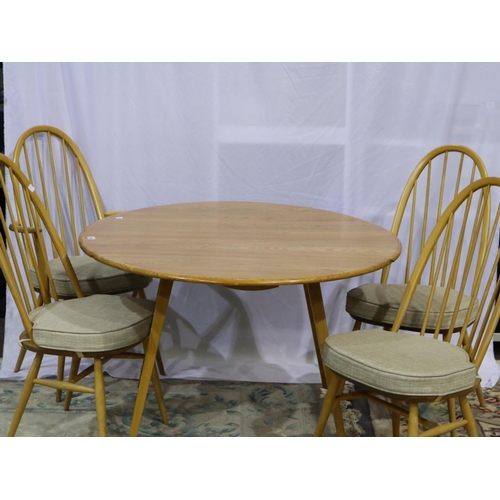 2106 - Ercol blonde elm Quaker dining suite comprising a circular drop leaf table (D: 114 cm, H: 72 cm), an... 