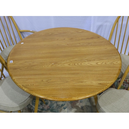 2106 - Ercol blonde elm Quaker dining suite comprising a circular drop leaf table (D: 114 cm, H: 72 cm), an... 