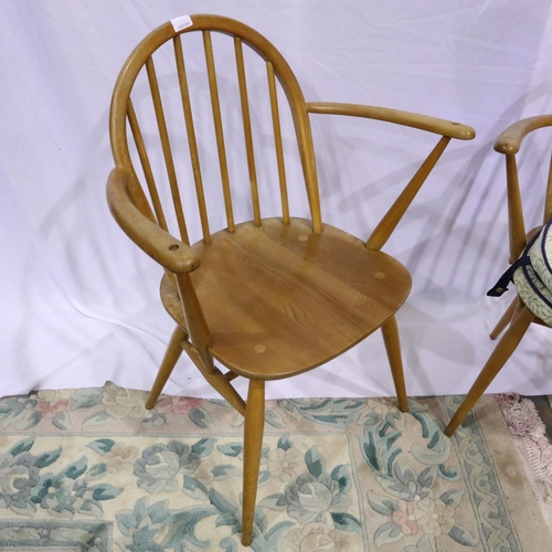 2107 - Pair of Ercol blonde elm Windsor elbow chairs, one with repairs to backrest. Not available for in-ho... 