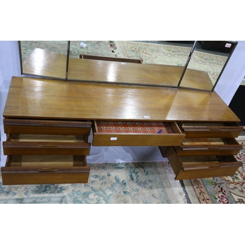 2108 - Avalon mid-20th century teak dressing table with triptych mirror and seven drawers, 163 x 46 x 111cm... 