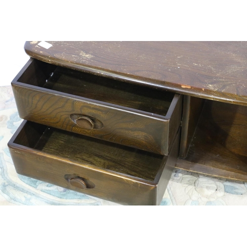 2110 - Ercol dark elm Pandoras Box square form centre table with two drawers and shelves, raised on shepher... 