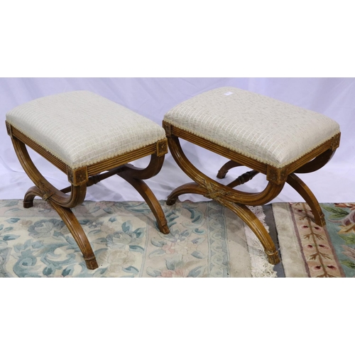 2112 - Pair of Savronola dressing stools, upholstered as the previous lot (2111), with carved walnut frames... 