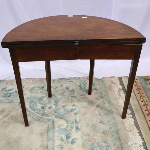 2115 - 19th century demi lune fold over tea table, D: 92 cm, H: 75 cm (open), losses to veneer. Not availab... 