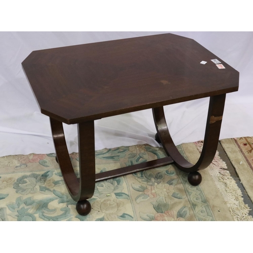 2116 - An Art Deco period centre table, the lozenge-shaped top raised on curved supports terminating on bal... 