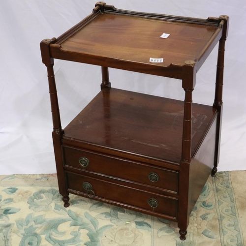 2117 - 20th century reproduction walnut two drawer lamp table, 48 x 40 x 66 cm H. Not available for in-hous... 