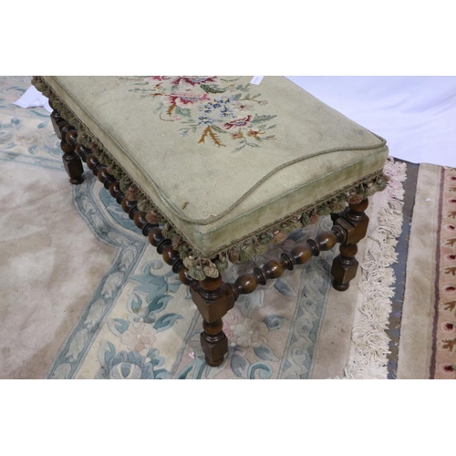 2120 - A 19th century long stool, with carved frame and woolwork top, 86 x 46 x 45 cm H. Not available for ... 