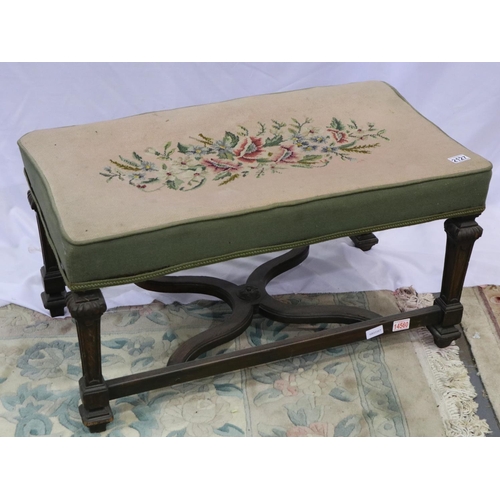 2127 - A William & Mary style long stool, with carved frame and woolwork top, 83 x 48 x 45 cm H. Not availa... 