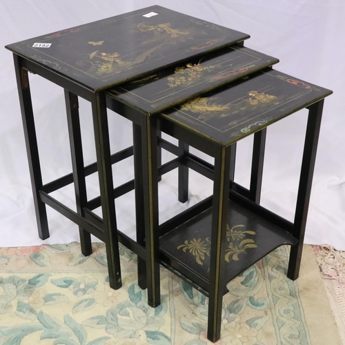 2142 - Early 20th century nest of three Japanned graduating tables, largest 46 x 33 x 53 cm H. Not availabl... 