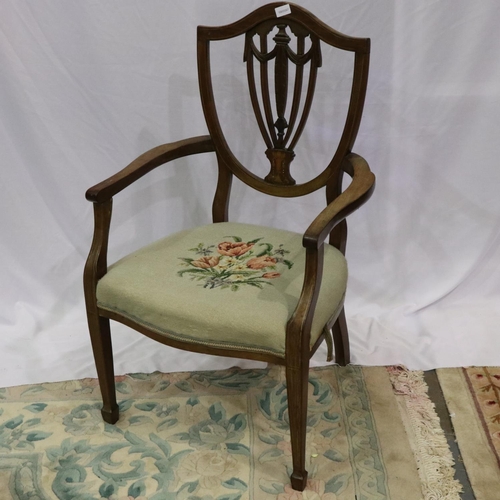 2144 - Early Victorian walnut shield back gentlemans elbow chair with wool work upholstered seat. Not avail... 