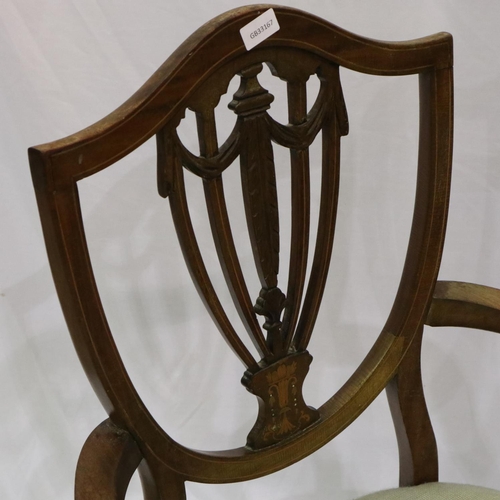 2144 - Early Victorian walnut shield back gentlemans elbow chair with wool work upholstered seat. Not avail... 