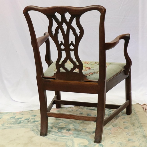 2150 - Late 18th century mahogany gentlemans elbow chair with wool work upholstered drop in seat. Not avail... 