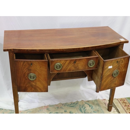 2151 - Regency period inlaid mahogany sideboard, with tambour cupboard and drawers, bow-fronted and raised ... 