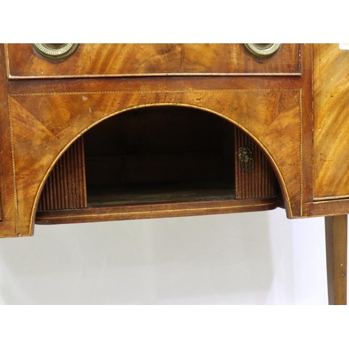 2151 - Regency period inlaid mahogany sideboard, with tambour cupboard and drawers, bow-fronted and raised ... 