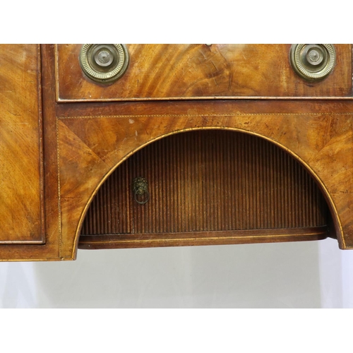 2151 - Regency period inlaid mahogany sideboard, with tambour cupboard and drawers, bow-fronted and raised ... 