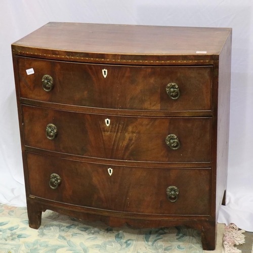 2155 - George III inlaid mahogany chest of three long drawers, bow fronted, for light restoration. Not avai... 